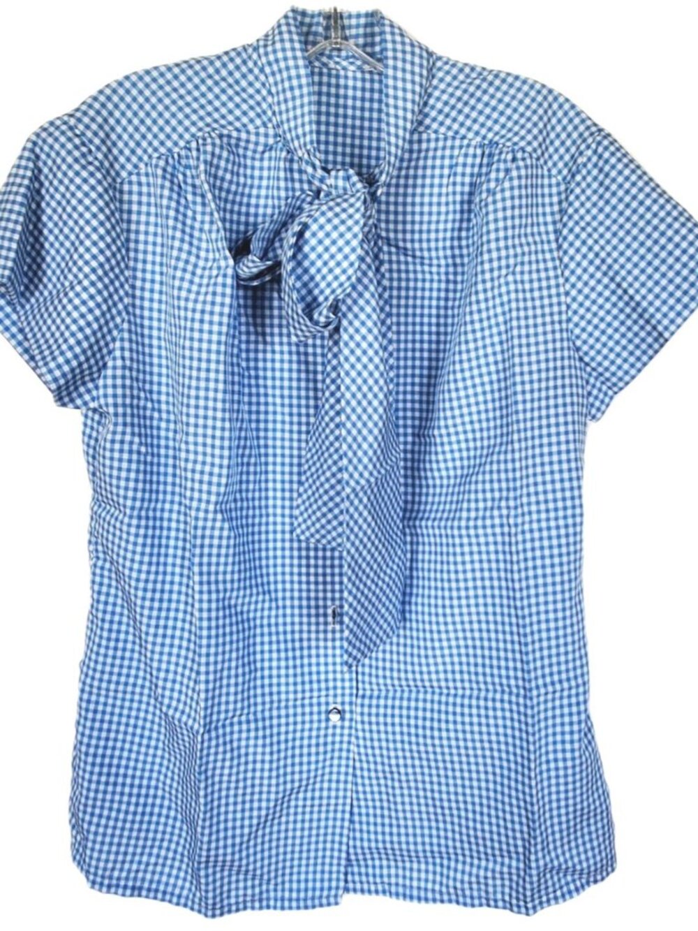 Vintage 70s Blue Gingham Blouse Tie Neck Short Sleeve Retro Top Sz L - Picture 2 of 3